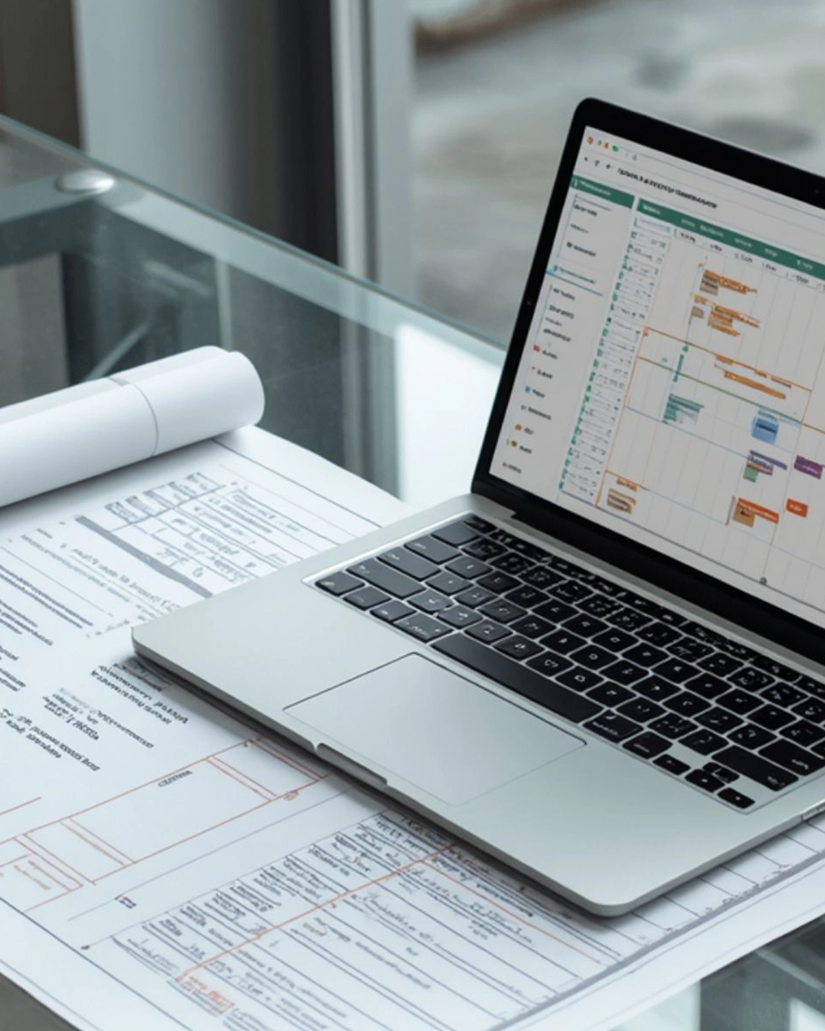Planimetrie del cantiere e computer con cronoprogramma